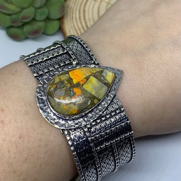 Copper Bumble Bee Jasper Silver Handmade Bangle Cuff - Picture 10 of 10